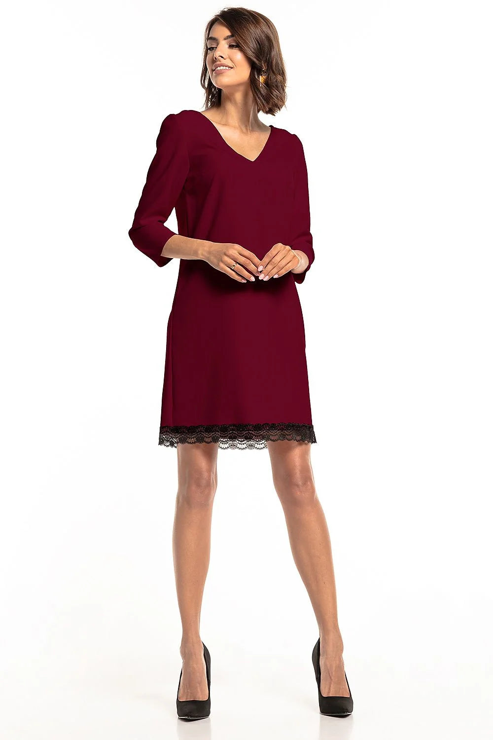 Robe élégante en polyester vert foncé avec dentelle noire manches trois-quarts encolure V sophistiquée