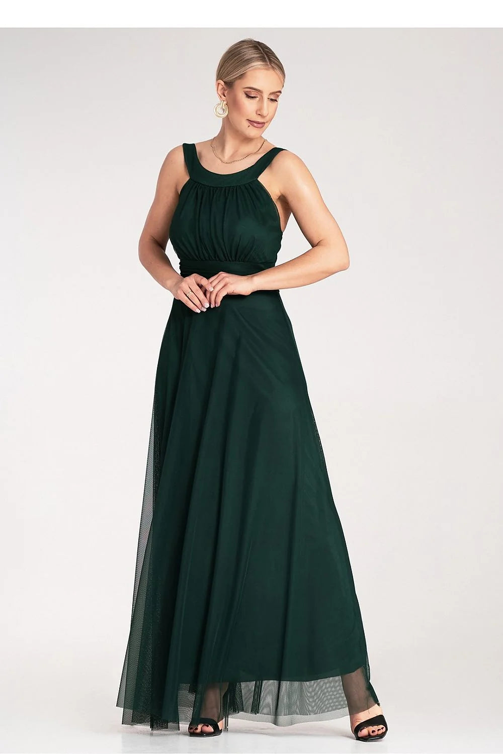 Robe de soirée élégante longue sans manches décolleté arrondi bretelles larges taille cintrée tissu mousseline vert foncé tulle effet transparent femme polyester elasthanne
