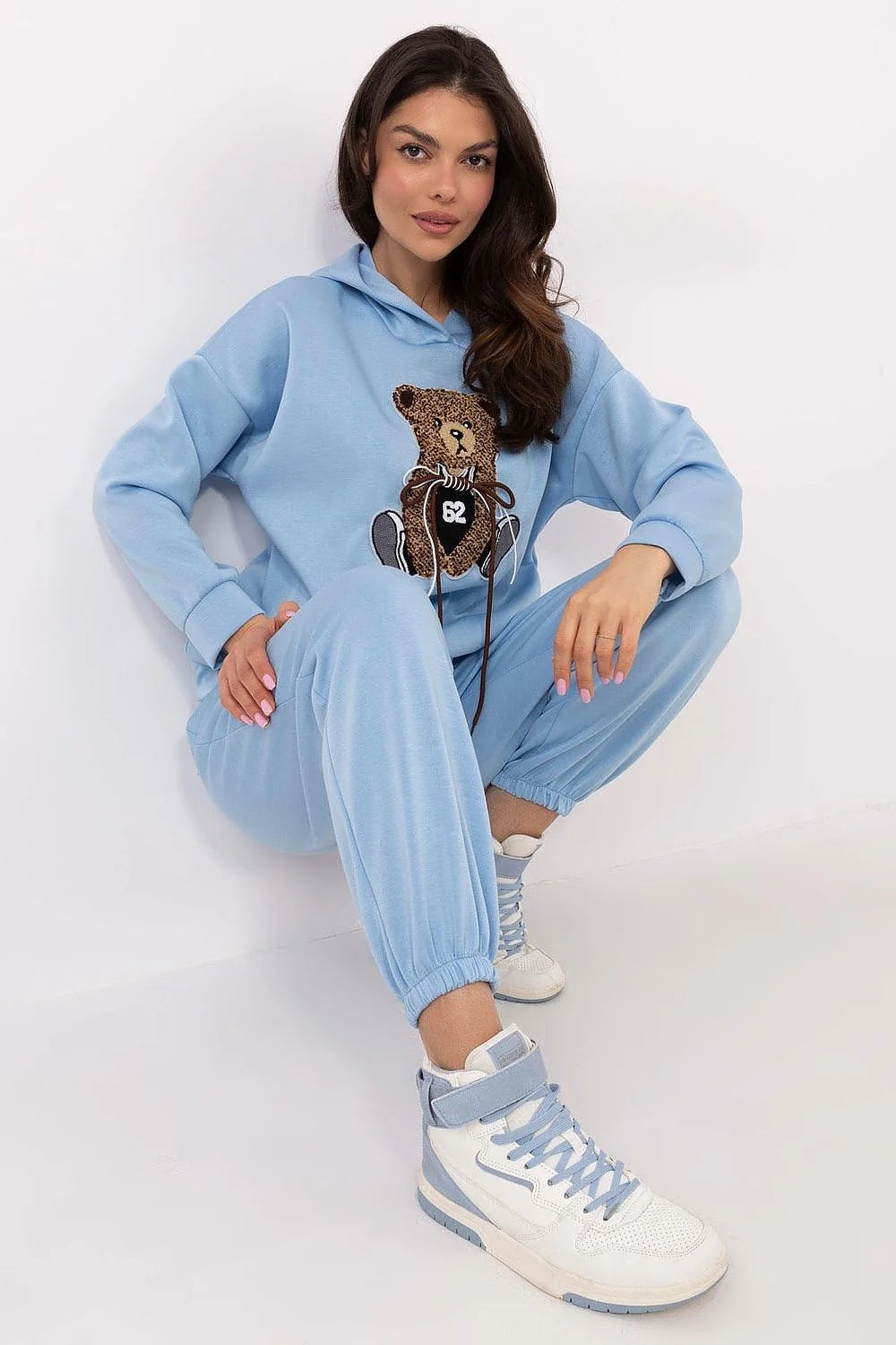 Ensemble de survêtement femme Italy Moda sweat à capuche pantalon bleu clair ours motif léopard confortable mode casual