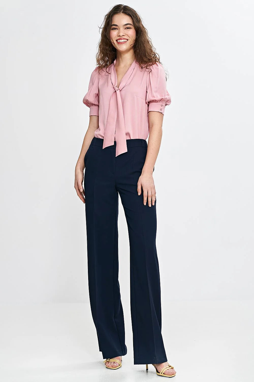 Chemisier élégant pour femme en viscose couleur rose manches courtes détails nœud et fronces tailles 36-38-40