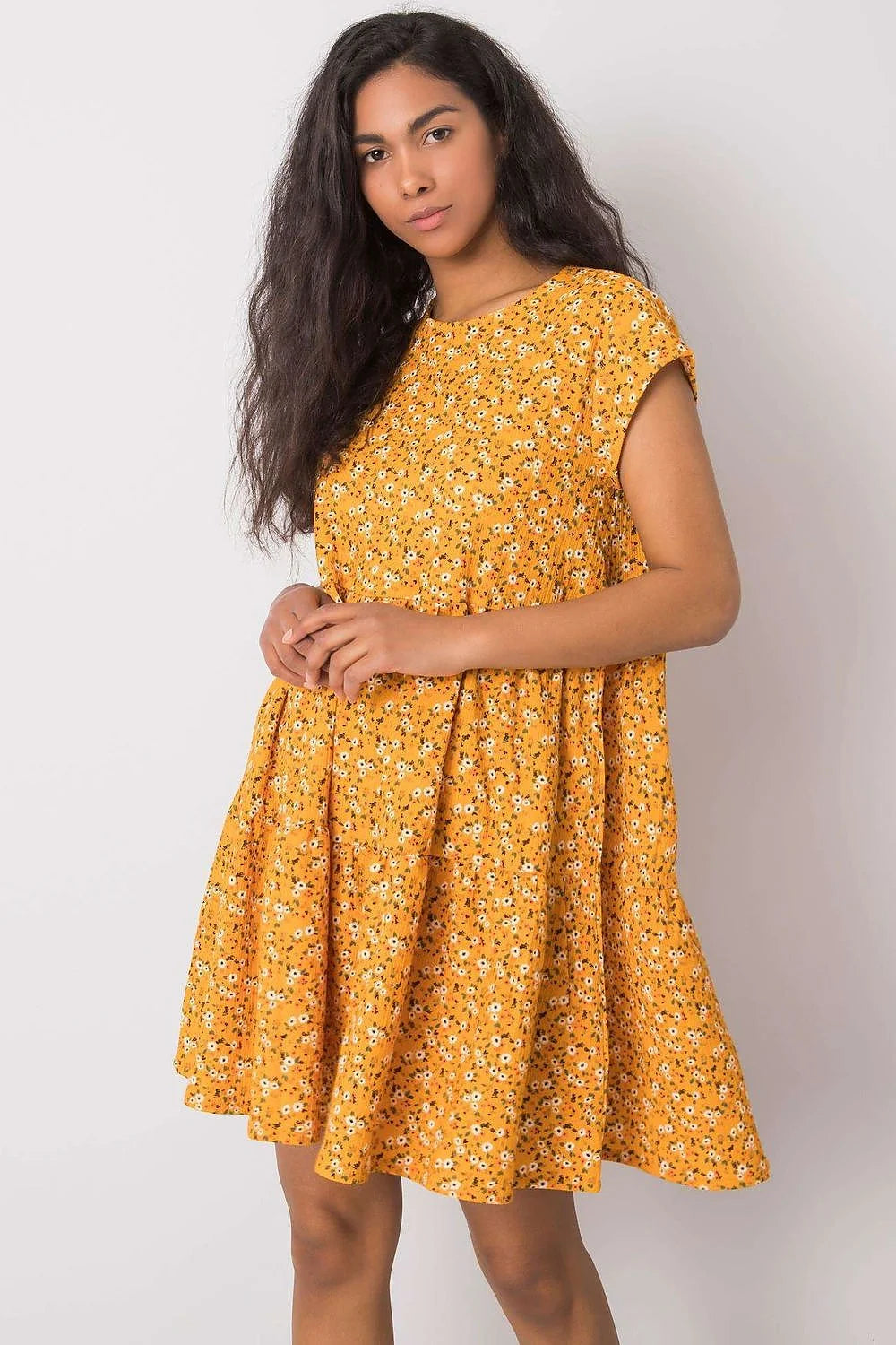 Robe de jour Stitch&Soul ample manches courtes encolure ronde motifs floraux jaune vif polyester élasthanne tailles S M L XL