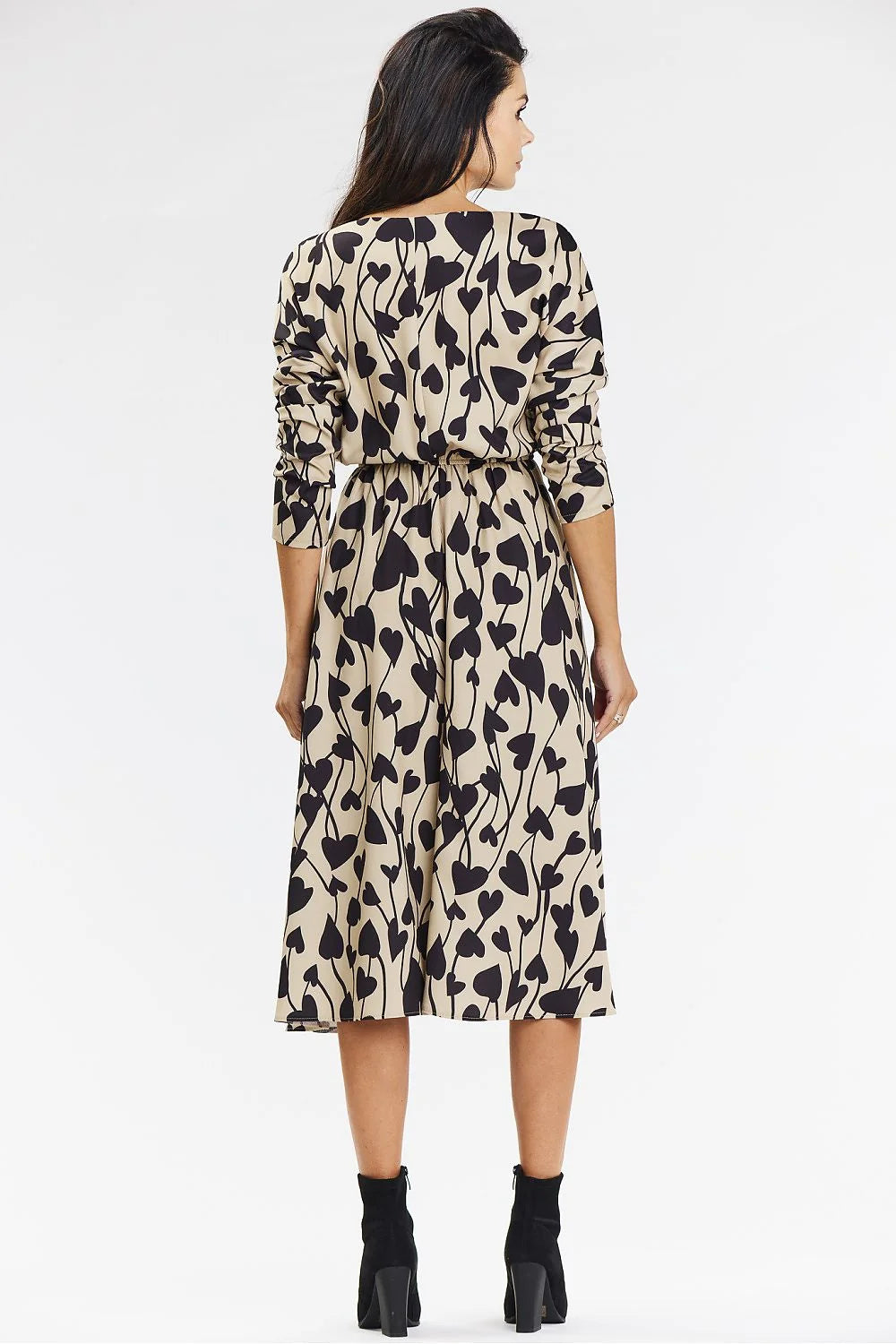 Robe midi kimono longue manches longues motif végétal beige noir taille ajustable femme