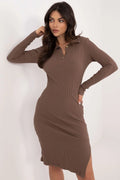 Robe de jour élégante coton élasthanne brun terre longues manches col polo ajustable femmes