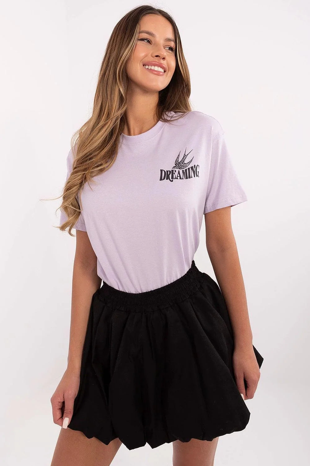 T-shirt femme décontracté couleur lilas imprimé graphique coton doux manches courtes col rond coupe classique