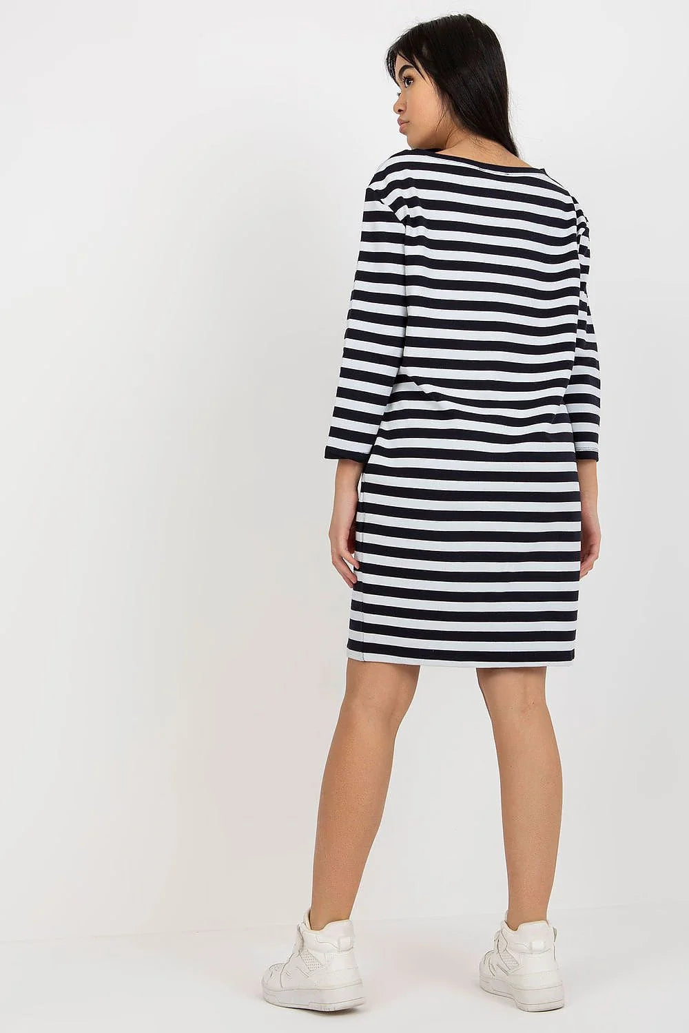 Robe de jour femme style décontracté rayures beige et blanc manches longues encolure ronde poches zippées coton 95 elasthanne 5