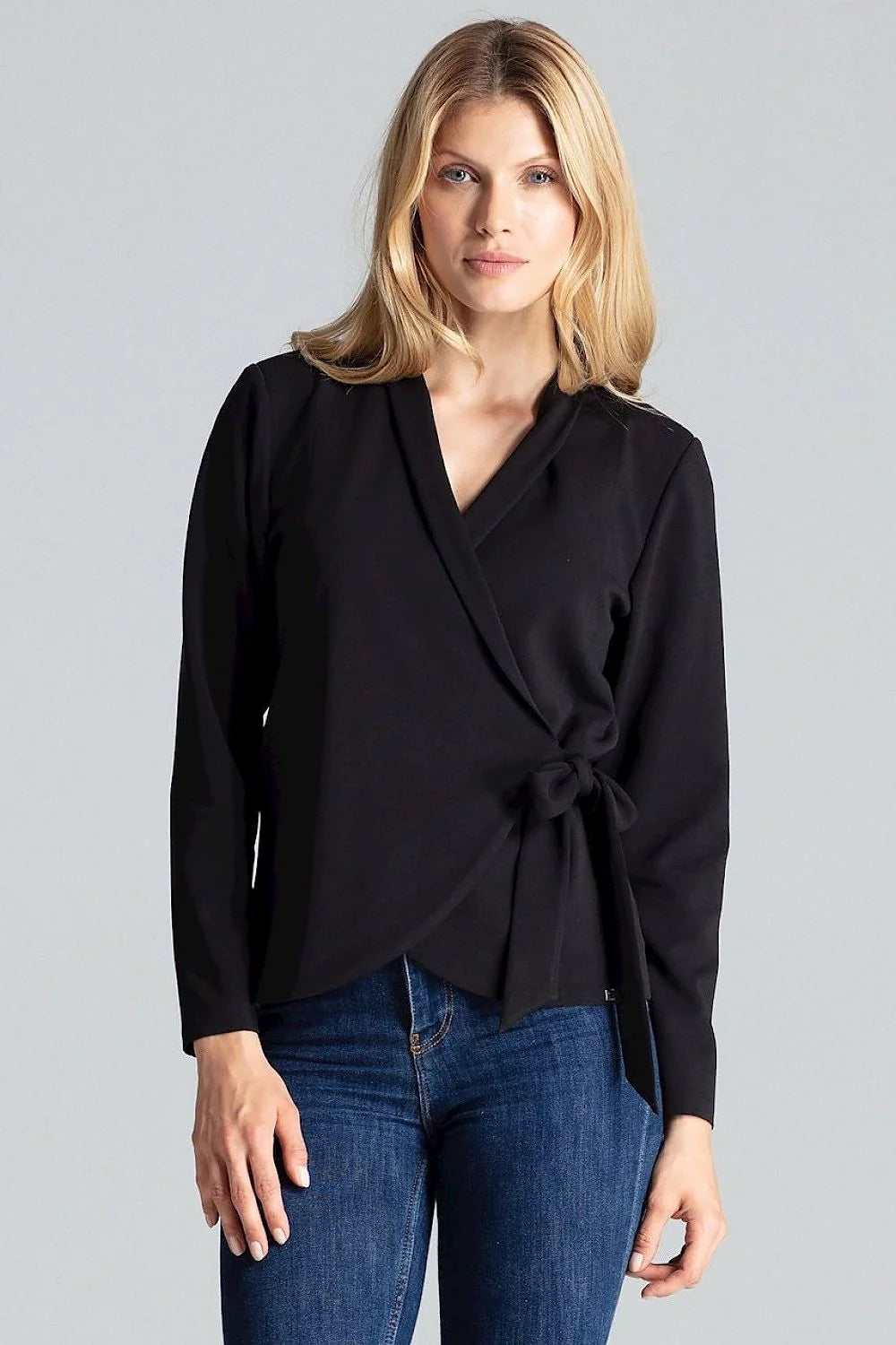blouse chemisier figl noire cachecoeur mancheslongues encolureV ceinturenouée ajustée fluide stretch douce féminine bureau casual élégante sophistiquée polyvalente
