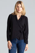 blouse chemisier figl noire cachecoeur mancheslongues encolureV ceinturenouée ajustée fluide stretch douce féminine bureau casual élégante sophistiquée polyvalente
