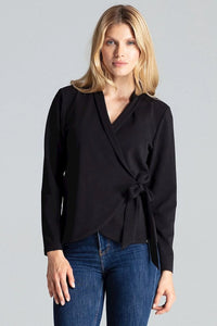 blouse chemisier figl noire cachecoeur mancheslongues encolureV ceinturenouée ajustée fluide stretch douce féminine bureau casual élégante sophistiquée polyvalente