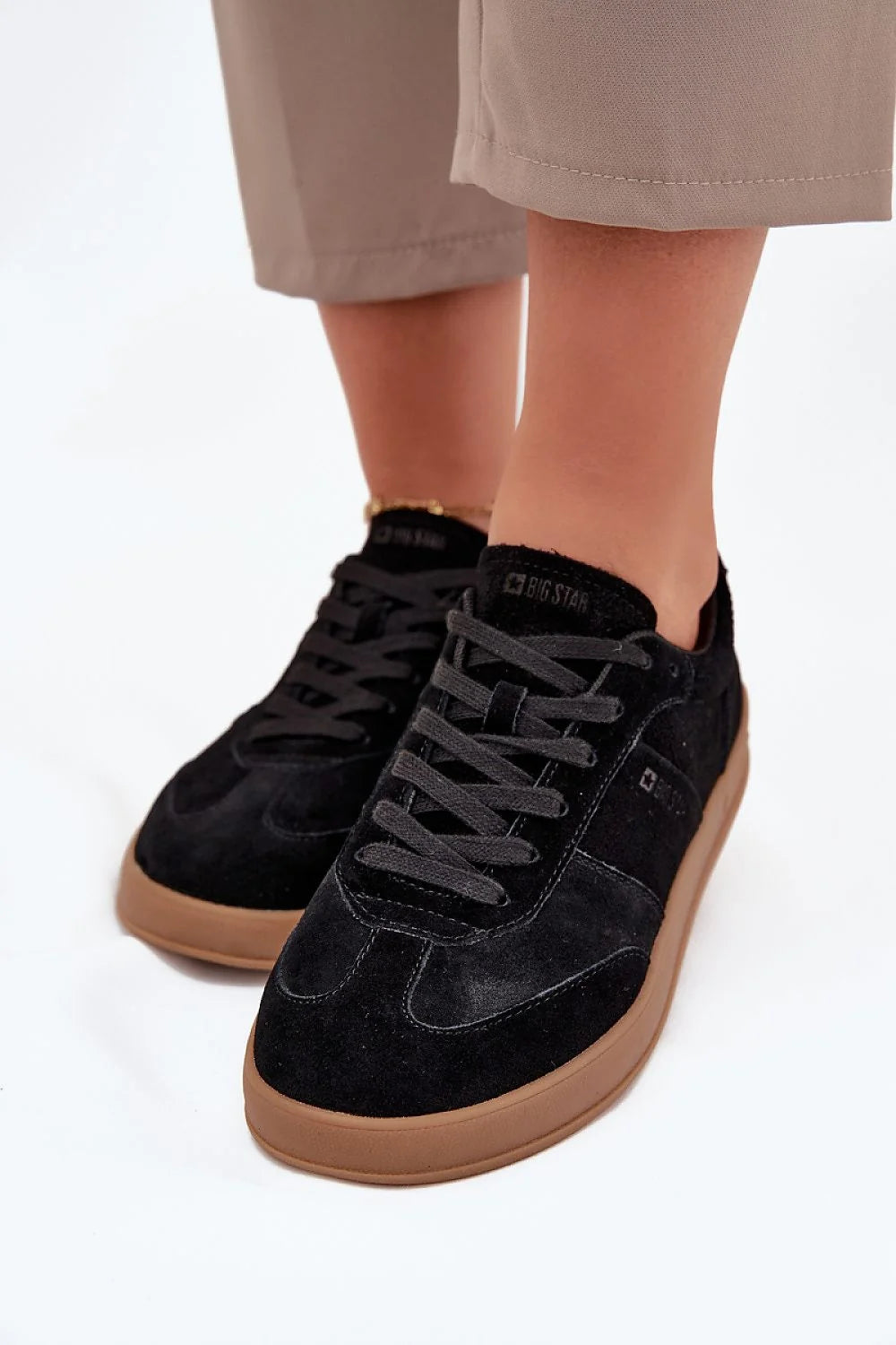 BigStar sneakers femme cuir suédé noir plateforme délicate bout rond semelle gomme marron amorti antidérapante confortable résistante durable rétro tennis