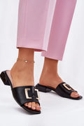 Mules femme élégantes style moderne cuir noir talon carré doré semelle intérieure rembourrée Vinceza
