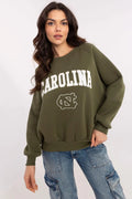Sweatshirt femme Carolina université style sportswear vert kaki manches longues col rond coudes côtelés tissu doux coton raglan casual