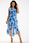 Robe de jour bohème-chic en mousseline asymétrique manches fendues ceinture ajustable femme occasion estivale
