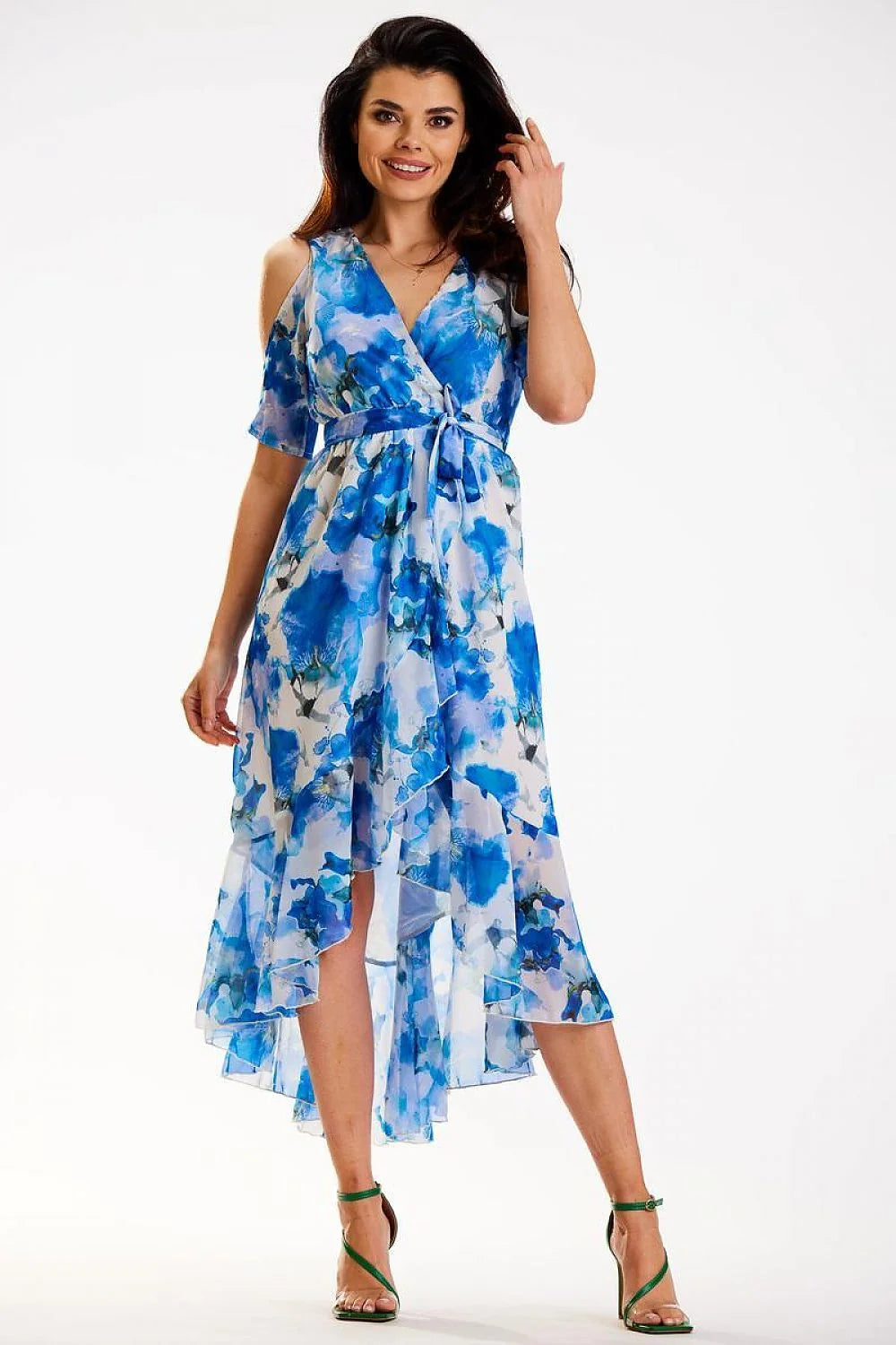 Robe de jour bohème-chic en mousseline asymétrique manches fendues ceinture ajustable femme occasion estivale