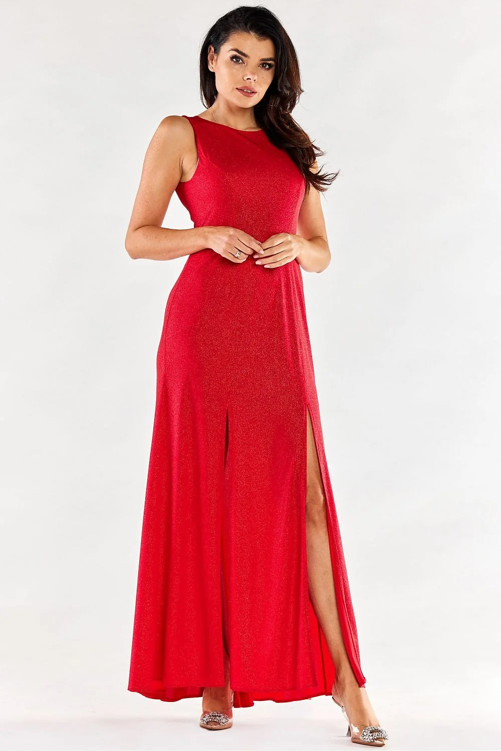Robe longue élégante sans manches fentes avant couleur rouge vif matière élasthanne polyester femme