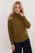 pull femme kaki col montant maille jacquard douce chaude confortable texture relief motif géométrique coupe droite manches longues bord côtelé