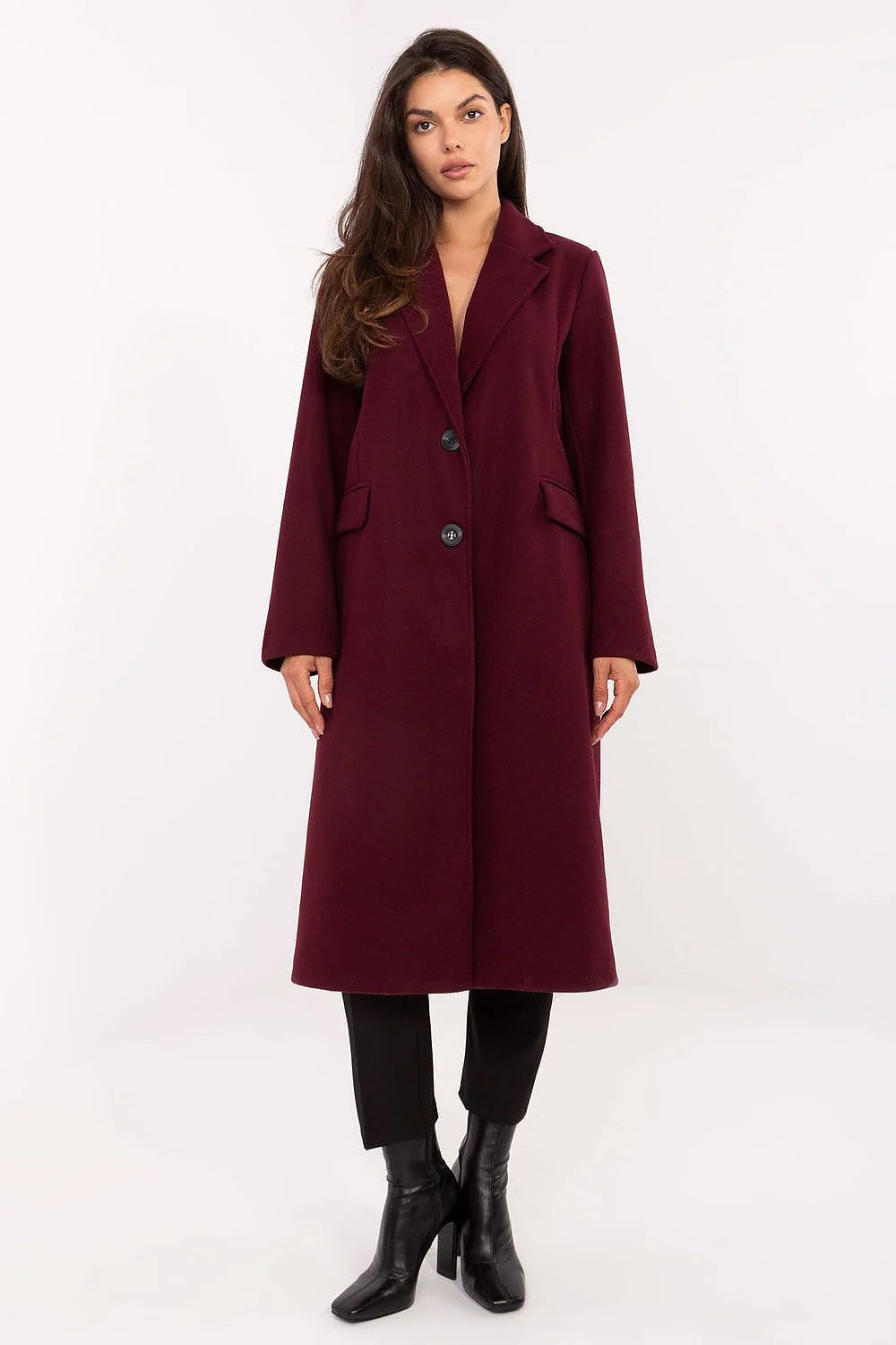 manteau long femme bordeaux coupe droite col tailleur revers boutonnage deux boutons poches rabat manches longues polyester doublé