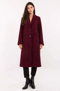 manteau long femme bordeaux coupe droite col tailleur revers boutonnage deux boutons poches rabat manches longues polyester doublé