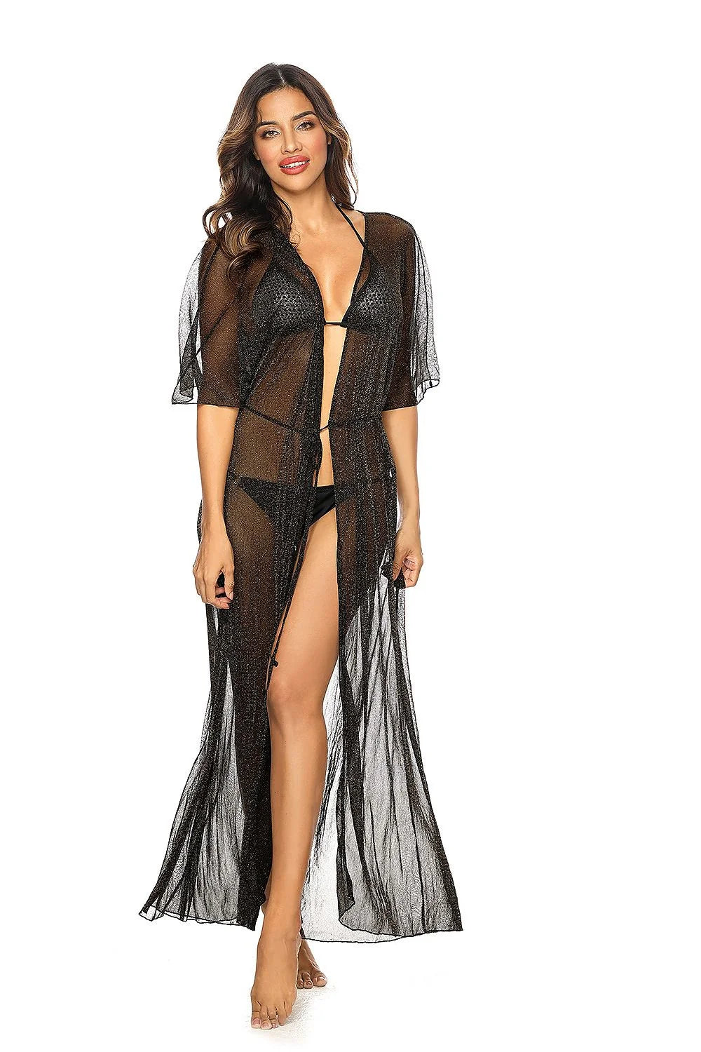 Tunique de plage imprimé animal uni noir matière légère polyamide élasthanne sandales noires talons fins plage piscine femmes élégance confort