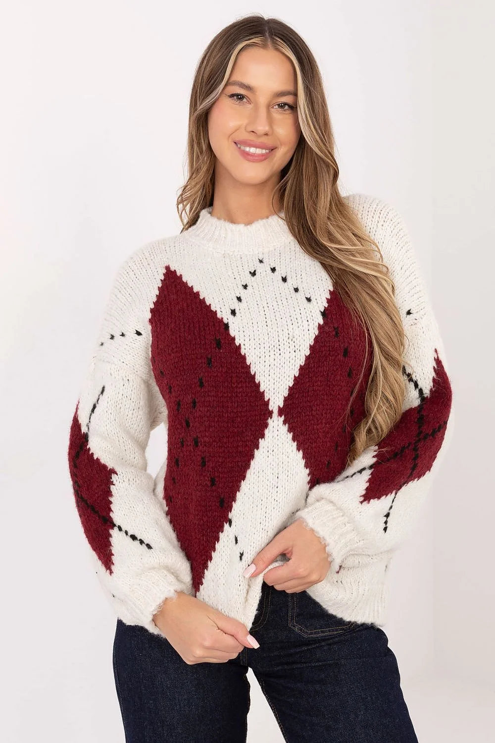 pull oversize femme grosse maille col rond motif argyle bordeaux écru pointillé manches bouffantes coupe ample bords côtelés chaud confortable