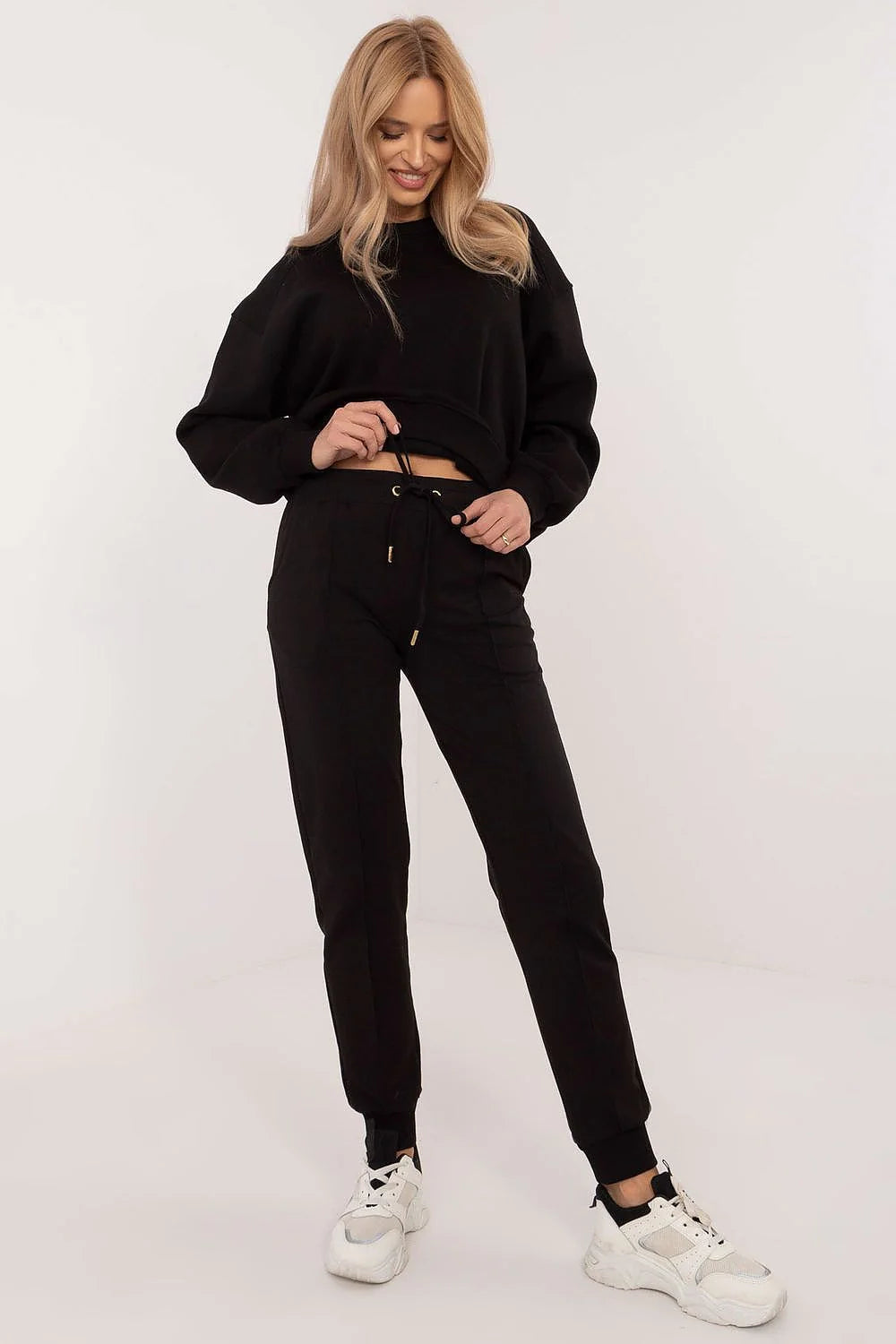 pantalon survêtement femme taille haute coton stretch molleton doux épais coupe décontractée poches latérales bas resserrés cordon dorés