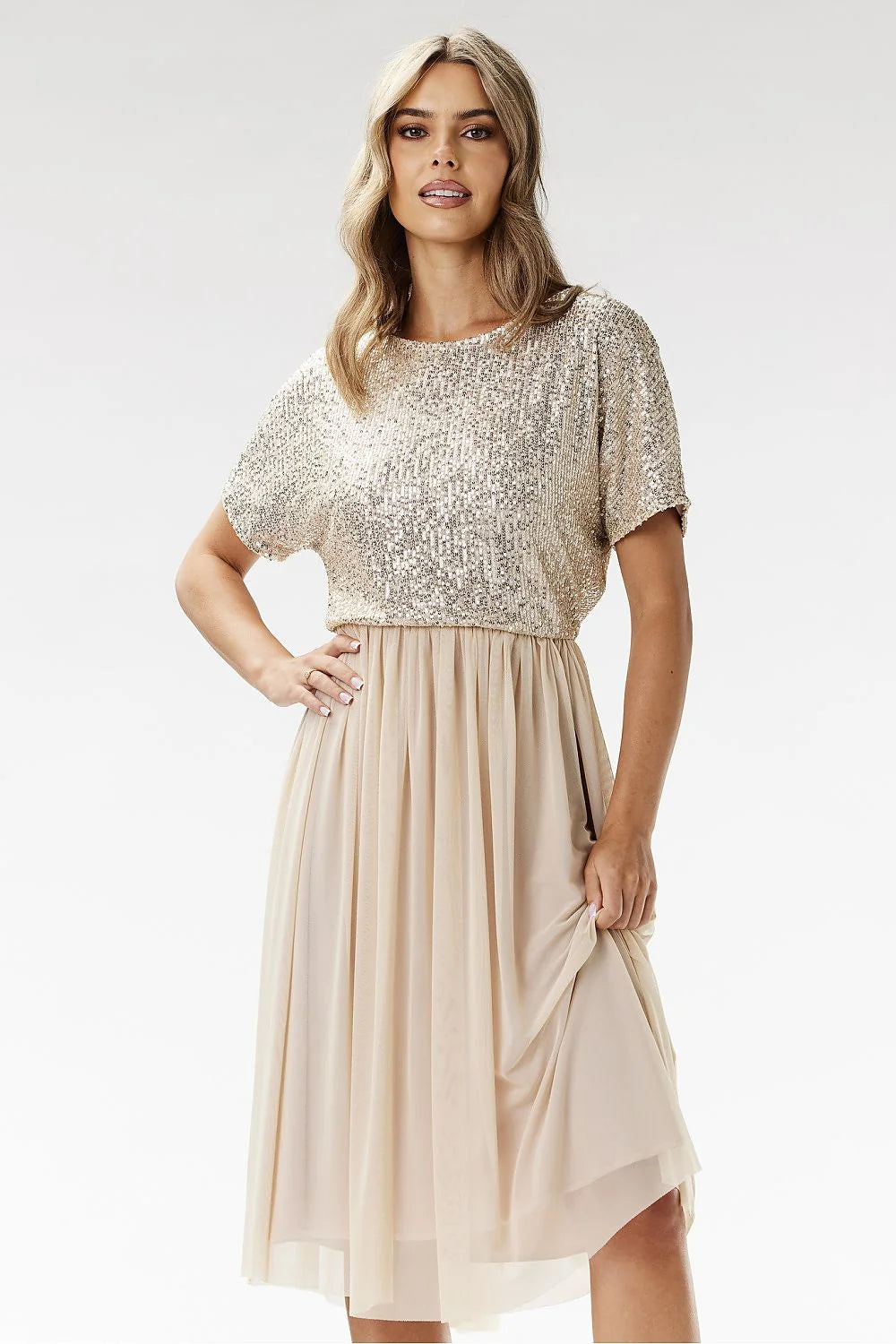 Robe de soirée élégante longueur midi manches courtes paillettes dorées tulle doublé Awama femme occasion spéciale
