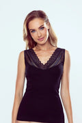 débardeur féminin élégant sophistiqué sans manches encolure V dentelle florale noir coton stretch ajusté confortable finitions soignées polonais