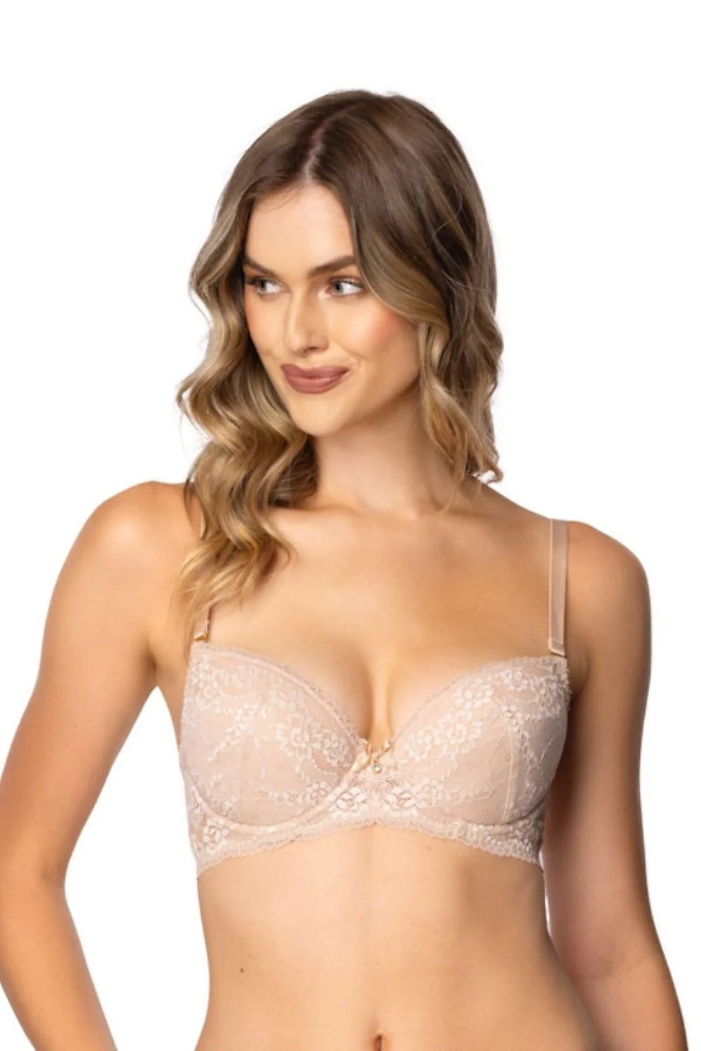 soutiengorge balconnet pushup beige dentelle tulle armatures bonnetsmoulés bretellesréglables maintien décolleté sculpté ornementsdorés élégance raffinée confort quotidien culotte mihaute transparente