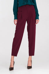 pantalon femme taille haute oversize ballon fuselé bordeaux cigarette resserrée tissu fluide stretch plis marqués poches carrées passants ceinture braguette
