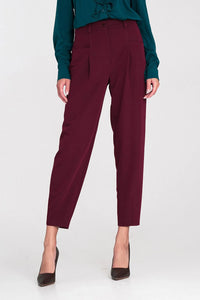 pantalon femme taille haute oversize ballon fuselé bordeaux cigarette resserrée tissu fluide stretch plis marqués poches carrées passants ceinture braguette
