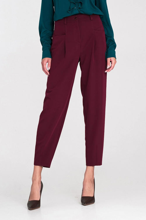pantalon femme taille haute oversize ballon fuselé bordeaux cigarette resserrée tissu fluide stretch plis marqués poches carrées passants ceinture braguette