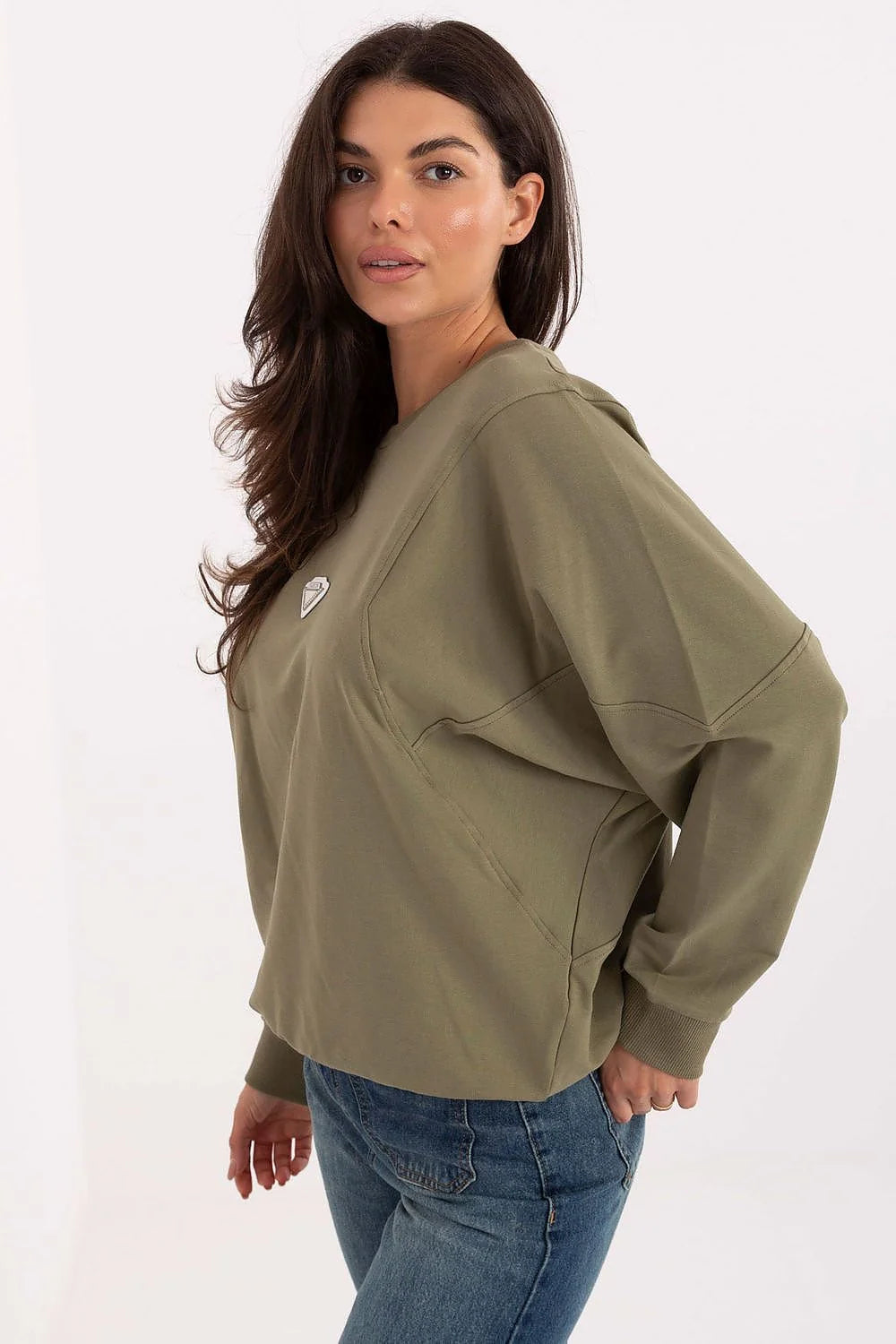 sweatshirt femme oversize kaki manches longues épaules tombantes coupe ample coton élasthanne molleton léger col rond poignets côtelés