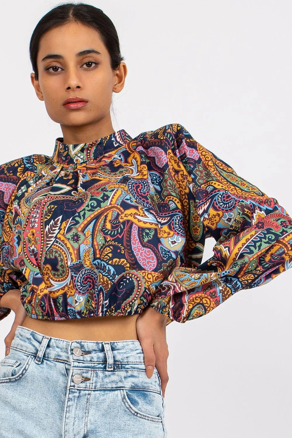 Chemisier féminin bohème multicolore manches longues col montant élasthanne polyester Italy Moda occasion quotidienne
