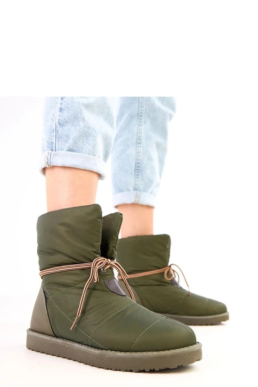 bottes neige femme cheville matelassées kaki olive nylon isolant lacet décoratif cordon marron ajustable semelle crantée caoutchouc antidérapante doublure chaude