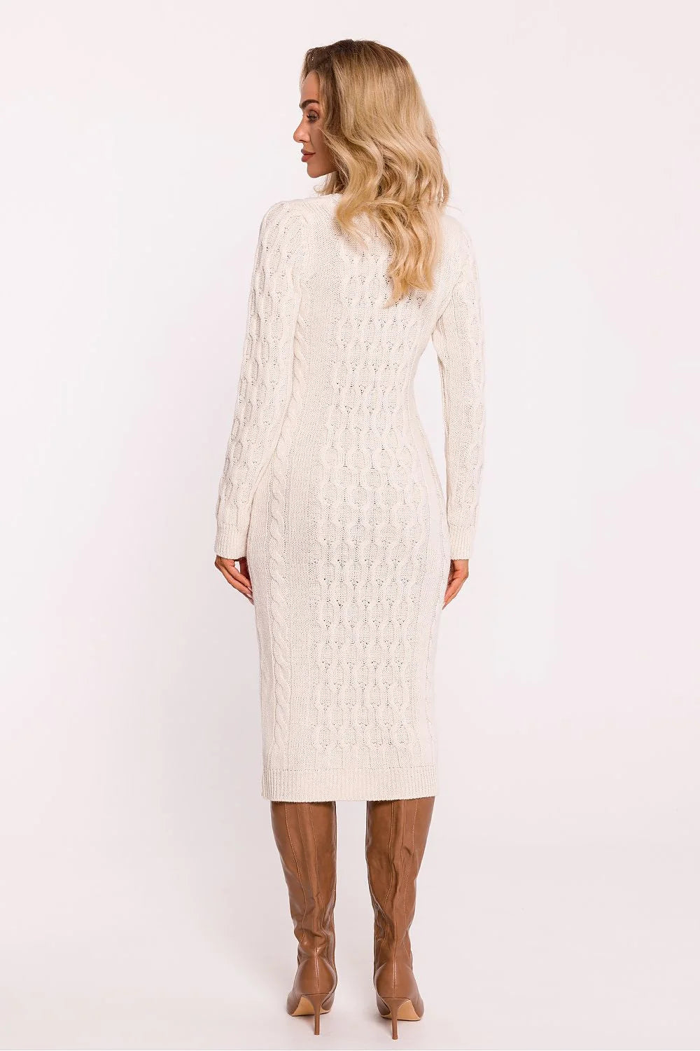 Robe élégante pour femme en tricot texturé manches longues encolure en V longueur midi hiver 2023