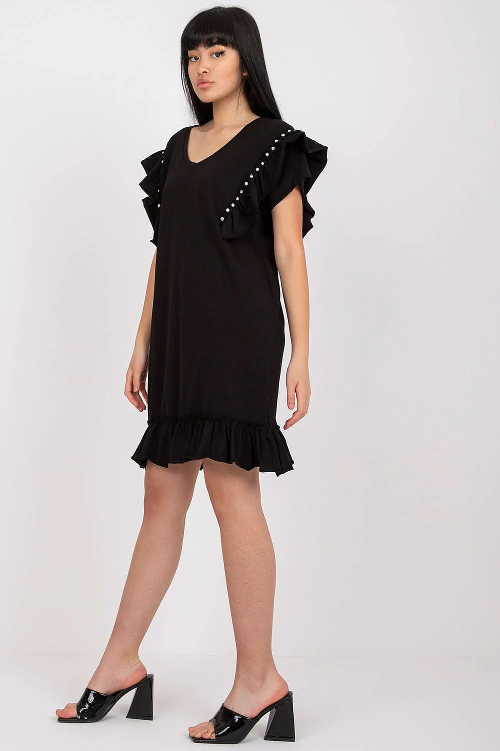 robe estivale corail légère fluide coton viscose col rond coupe droite manches courtes volants perles ourlet volanté féminine chic confortable