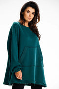 Sweatshirt féminin oversize en coton émeraude profond, style décontracté, poche kangourou, coupe ample, taille universelle, femme, mode confortable, Pologne