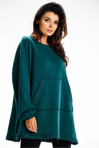 Sweatshirt féminin oversize en coton émeraude profond, style décontracté, poche kangourou, coupe ample, taille universelle, femme, mode confortable, Pologne