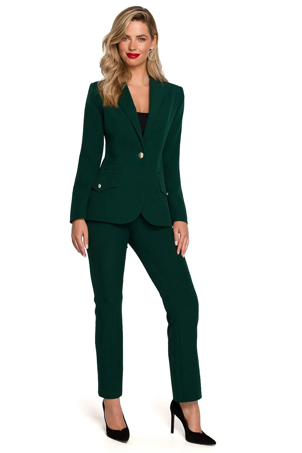 Blazer femme élégant couleur fuchsia vif coupe ajustée épaulettes discrètes col à revers cranté boutons dorés polyester 95% elasthanne 5% Makover