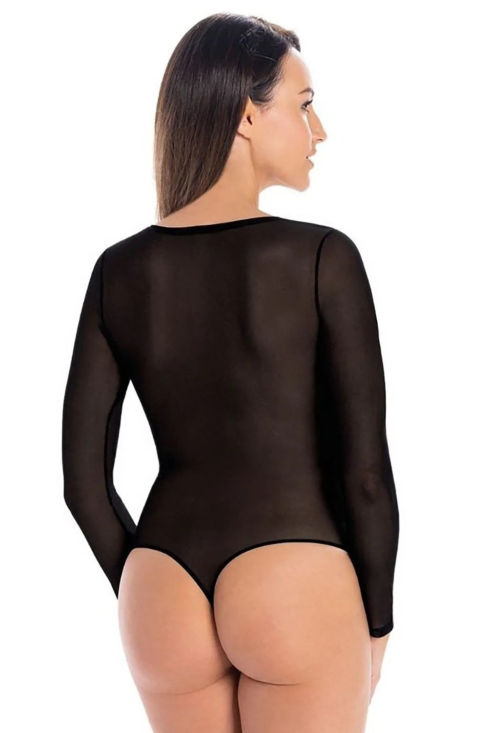 Body sexy ajusté pour femme en maille transparente noire, manches longues, encolure ronde, coupe sans couture, matériau élastique, style polyvalent