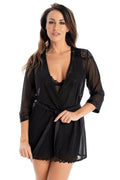Robe de chambre noire en dentelle élégante pour femmes, style sensuel, coupe ample, manches trois-quarts, motifs floraux, ceinture assortie, matière confortable, idéale pour la maison ou les occasions spéciales