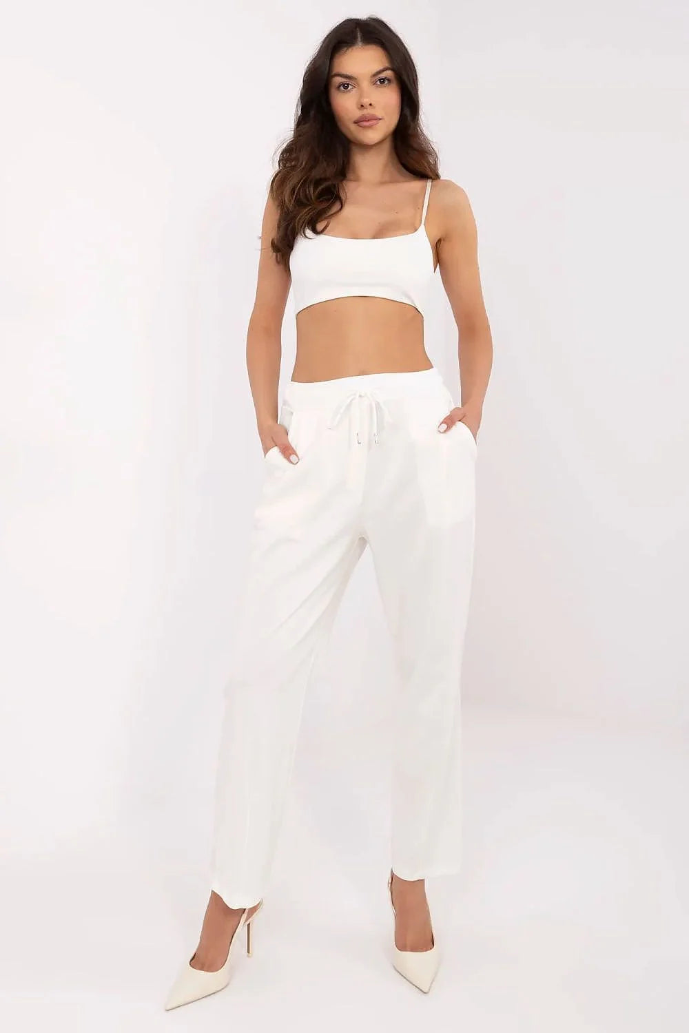 Ensemble vêtements femme Italy Moda crop top blanc pantalon survêtement ample blanc mode épurée