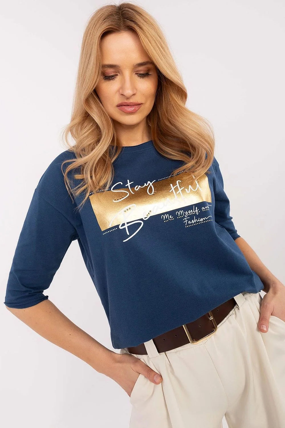 chemisier femme décontracté coupe ample manches troisquarts bleu marine profond motif doré inscription Stay Beautiful jersey coton respirant