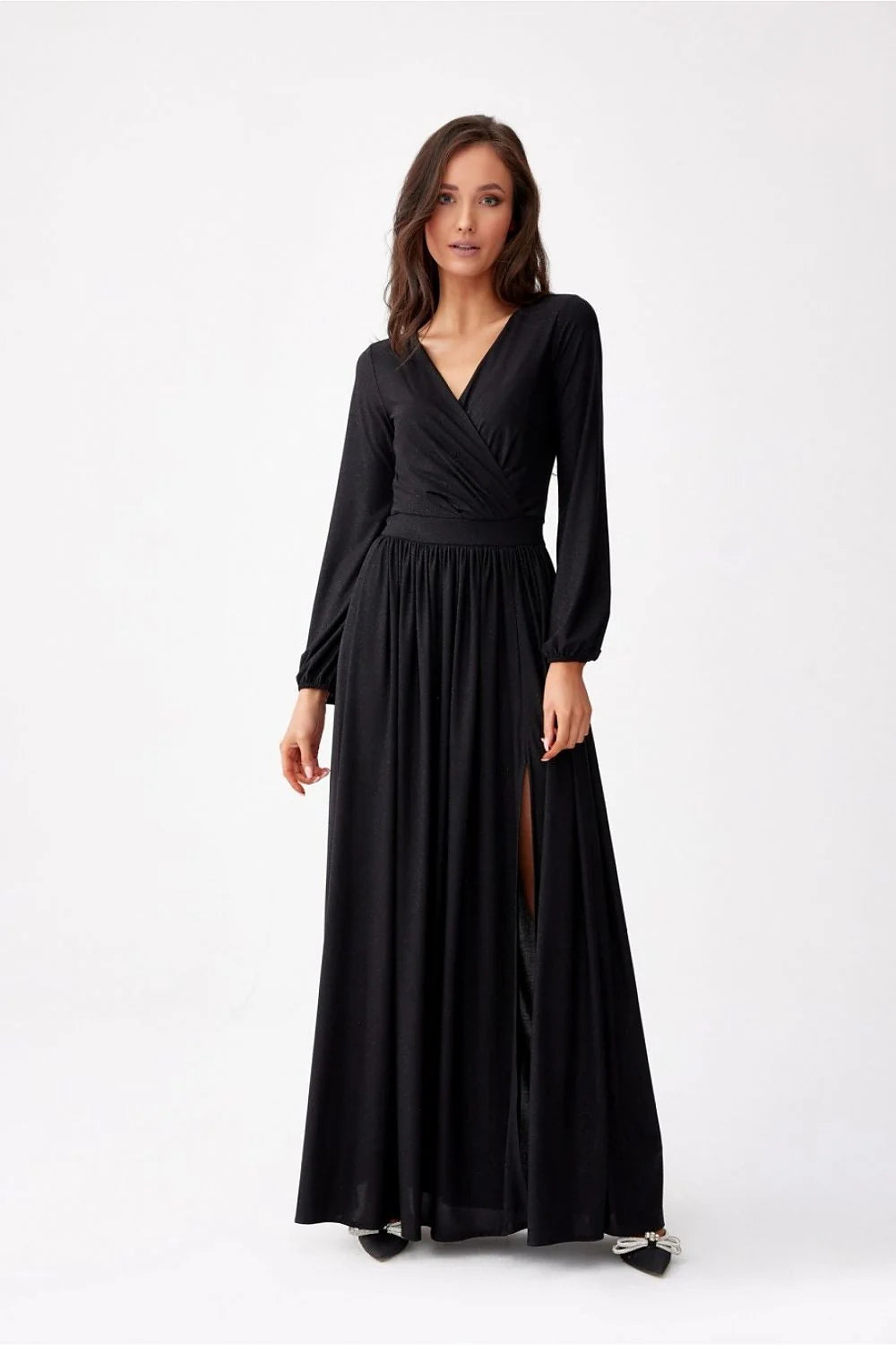 Robe longue élégante noire pailletée en brocart V-neck manches longues taille ajustée fente haute soirée femme