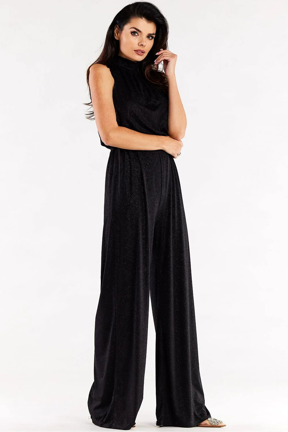 Combinaison awama femme élégante moderne noire scintillante sans manches col noué taille élastiquée occasion spéciale soirée