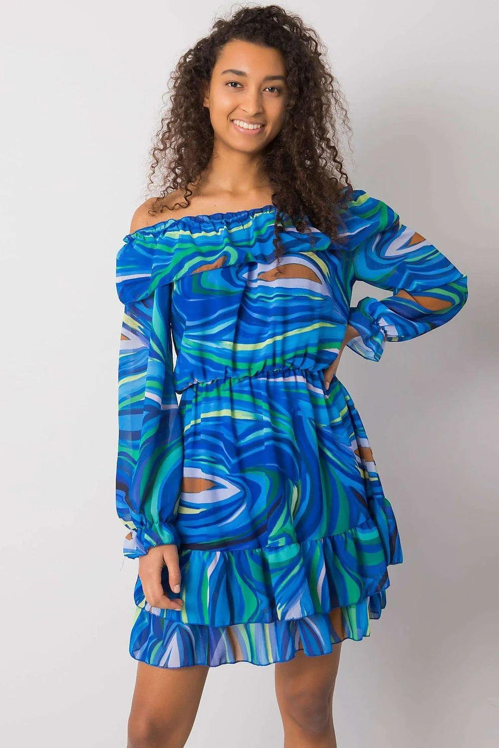 Robe de jour Italy Moda style espagnol décolleté Bardot manches longues élasthanne polyester viscose taille universelle 85 cm 92 cm