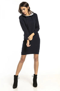 Robe pull coton bleu marine chic décontractée avec capuche confortable pour femme automne hiver