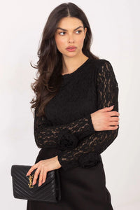 blouse dentelle noire manches longues col rond corps doublé cintrée féminine élégante texturée rosaces poignets viscose extensible confortable soirée