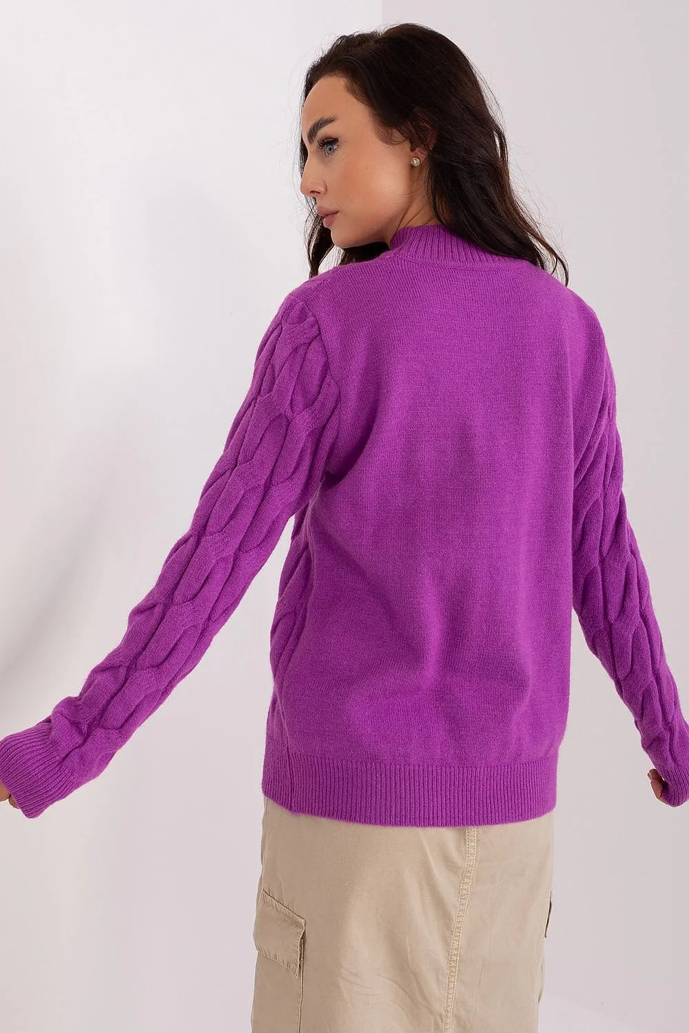 pull femme maille torsadée violet fuchsia lumineux col montant côtelé manches longues coupe droite ample épaisse douce longueur hanches idéale