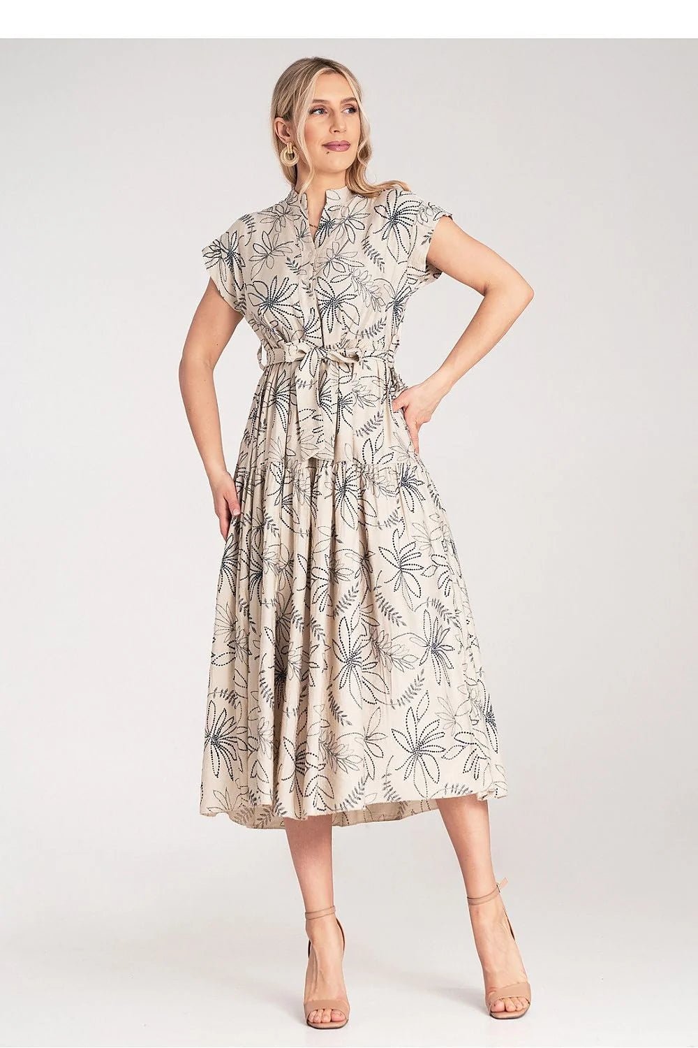 robe midi femme beige fleurie viscose légère manches courtes kimono col mao ceinture nouée cintrée jupe évasée bohème chic