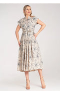 robe midi femme beige fleurie viscose légère manches courtes kimono col mao ceinture nouée cintrée jupe évasée bohème chic